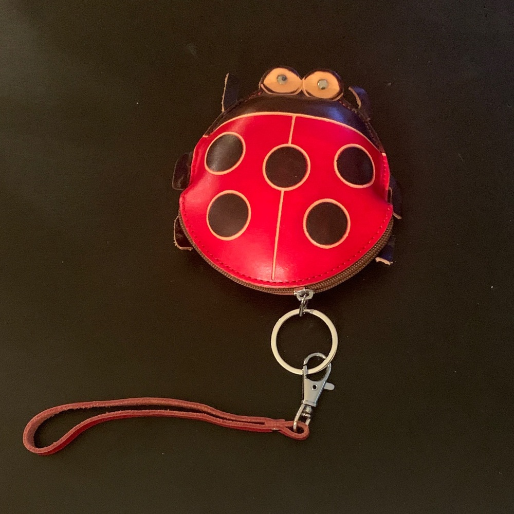 Red Ladybug Leather Coin Purse with Wrist Strap